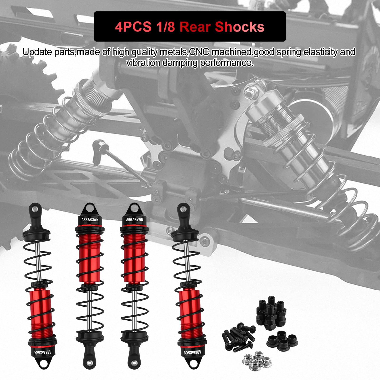 RC Shock Absorbers, 4PCS 130mm RC Car Rear Shock Absorber 1/8 Scale Adjustable Shocks Compatible with 1/8 Arrma Typhon 6S,Traxxas-Sledge-ALUM, FS Racing JLB HSP LRP Hobao Hongnor DF Truggy (Red?Black)