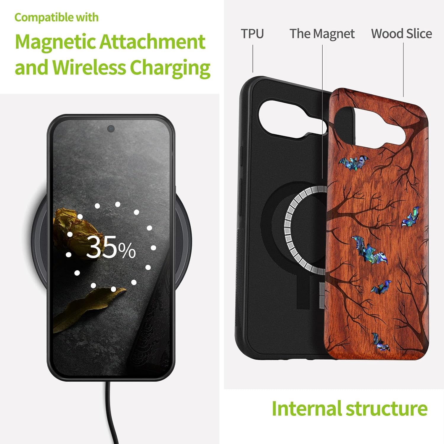 Carveit Magnetic Wooden Case for Google Pixel 9a Case, Wood Artisan Engraved & Handmade Shell Inlaid, Compatible with MagSafe Wireless Chargers (Bats Amidst Moonlit Branches) Rosy