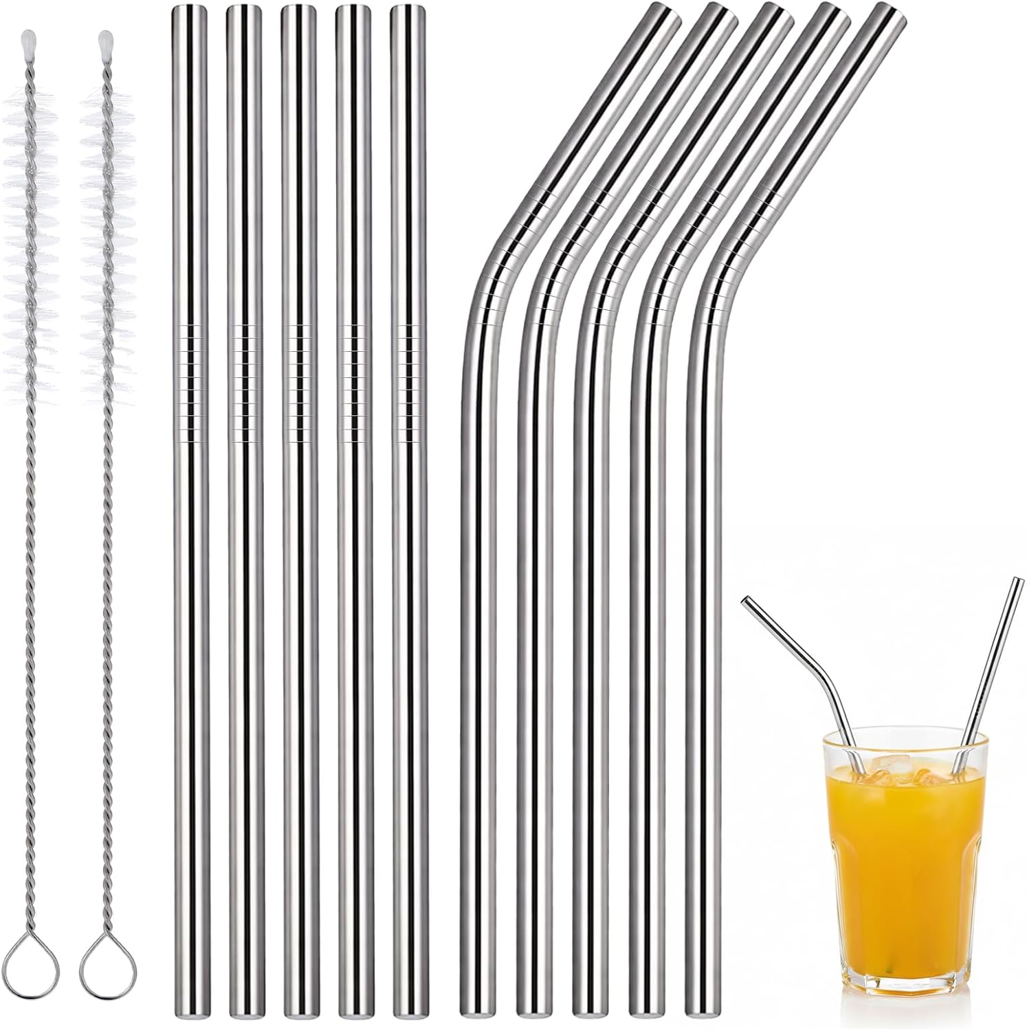10 Pack Reusable Metal Straws, 6 Inch Straight and Bent Stainless Steel Straws, Short Metal Straw with 2 Cleaning Brush for Coffee Mugs, Small Glasses or Cups