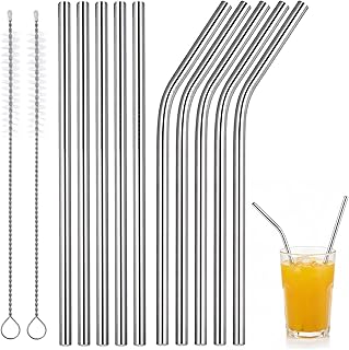 10 Pack Reusable Metal Straws, 6 Inch Straight and Bent Stainless Steel Straws, Short Metal Straw with 2 Cleaning Brush for Coffee Mugs, Small Glasses or Cups