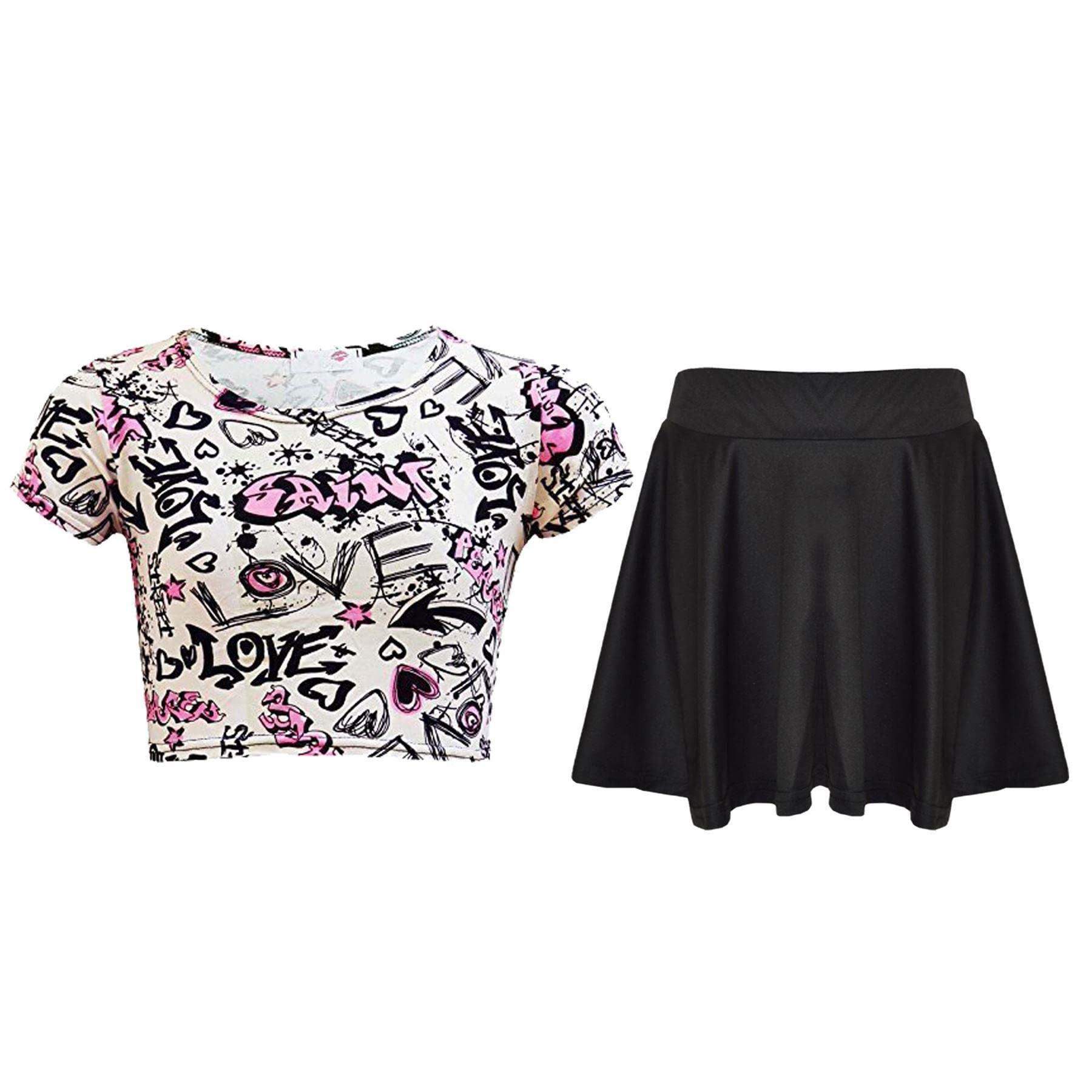 A2Z 4 Kids® Bambini Ragazze Love Graffiti Stampare Legging Pieghe Abito Midi Abitio & Crop Top Gonna età 3 4 5 6 7 8 9 10 11 12 Anni