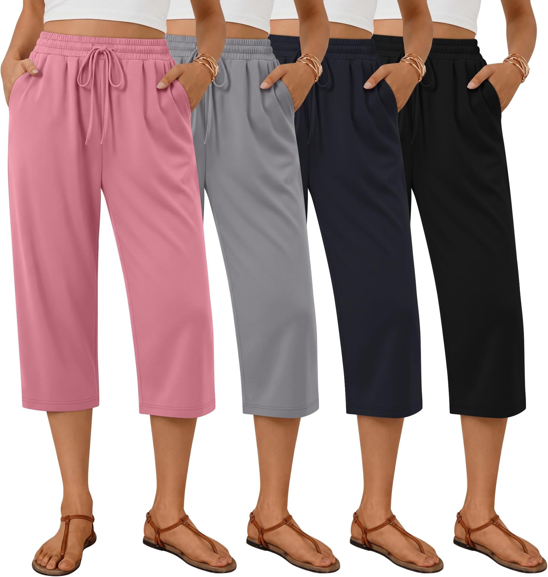 4 Pack Women's Capri Pants Wide Leg Yoga Capri Sweatpants Drawstring Summer Lounge Loose Fit Cropped Pants with Pockets