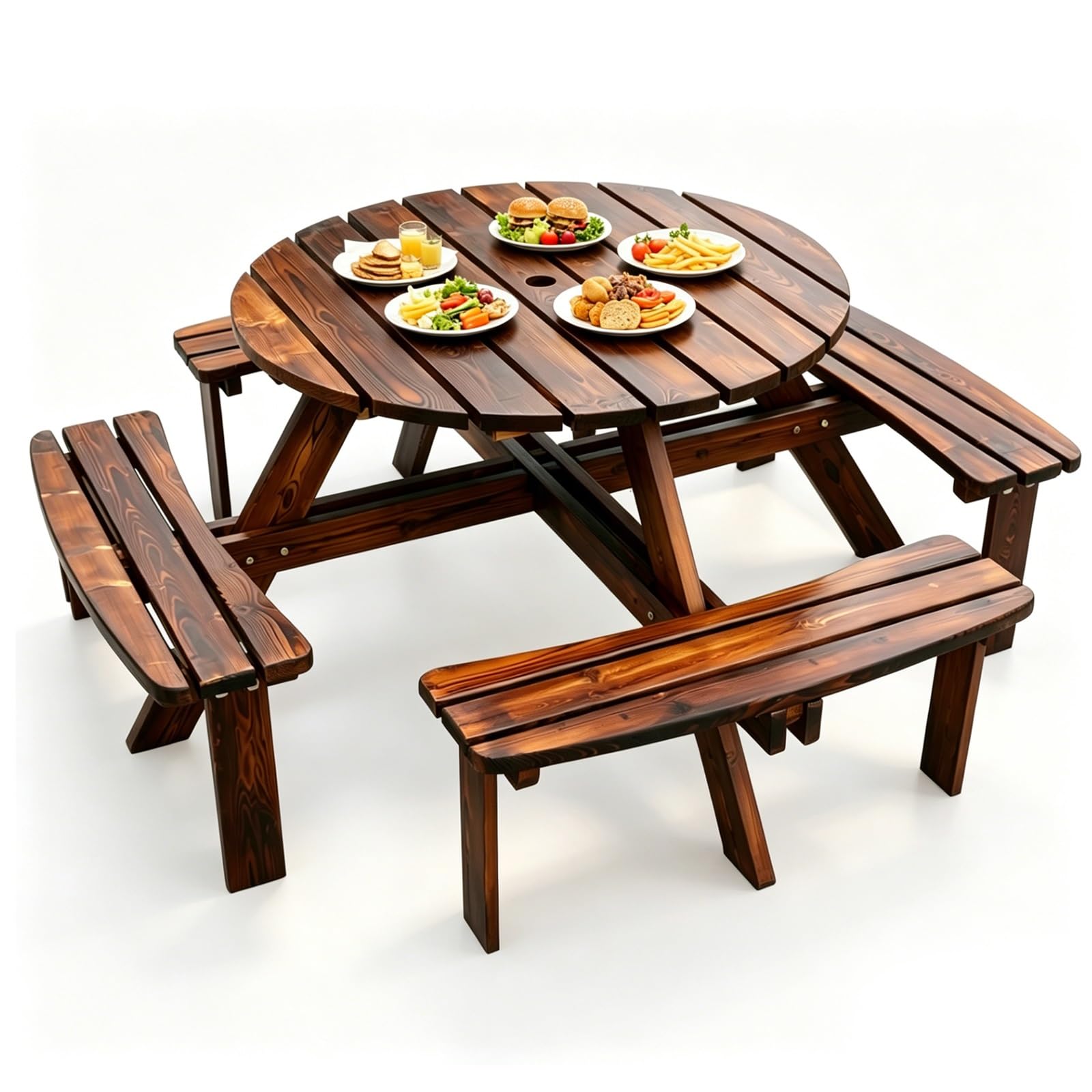 Tavolo da Picnic Rotondo All-in-one In Legno Massivo Carbonizzato, Tavolo da Esterno Resistente Per 8 Persone con 4 Panche Curve E Foro Ombrello 40mm Per Giardino