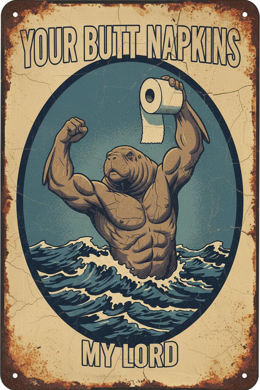 Vintage Manatee Tin Sign Your Butt Napkins My Lord Retro Bathroom Metal Poster Funny sea Cow Wall Art Toilet Man Cave Bar Cafe Indoor Room Garage Store Office 12 * 8inch