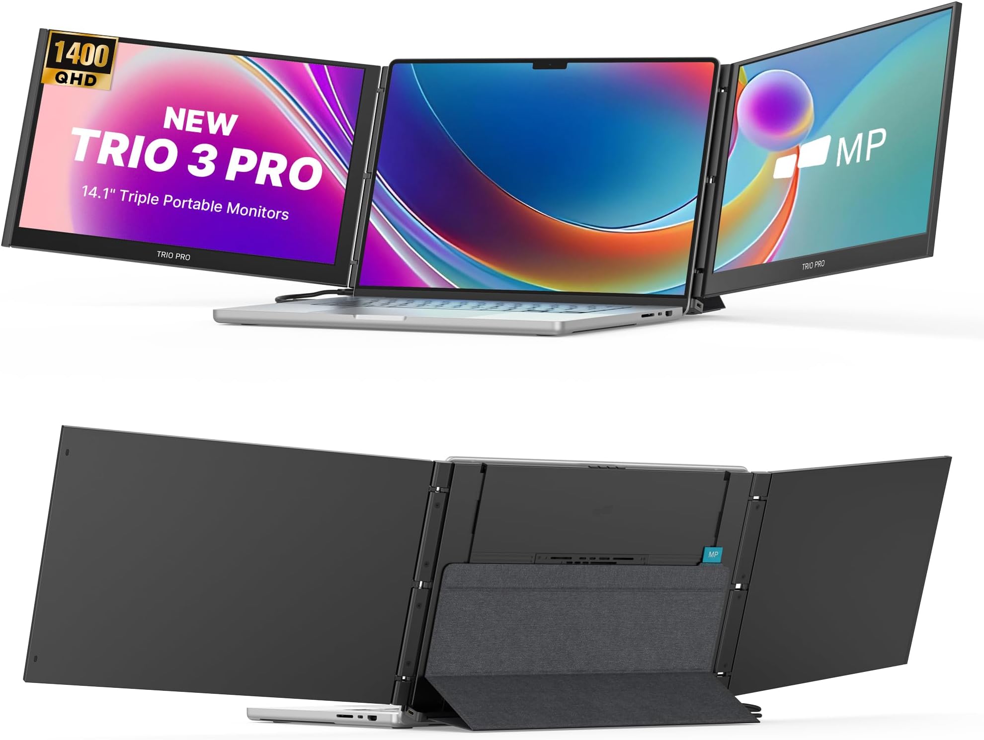 Trio Max 14.1" Mobile Pixels Portable Laptop Monitor(2026 Version), FHD IPS Triple Monitor with Built-in Kickstand, Type-C/USB A Laptop Screen Extender(Optional Magnets), Windows/Android/macOS/Switch