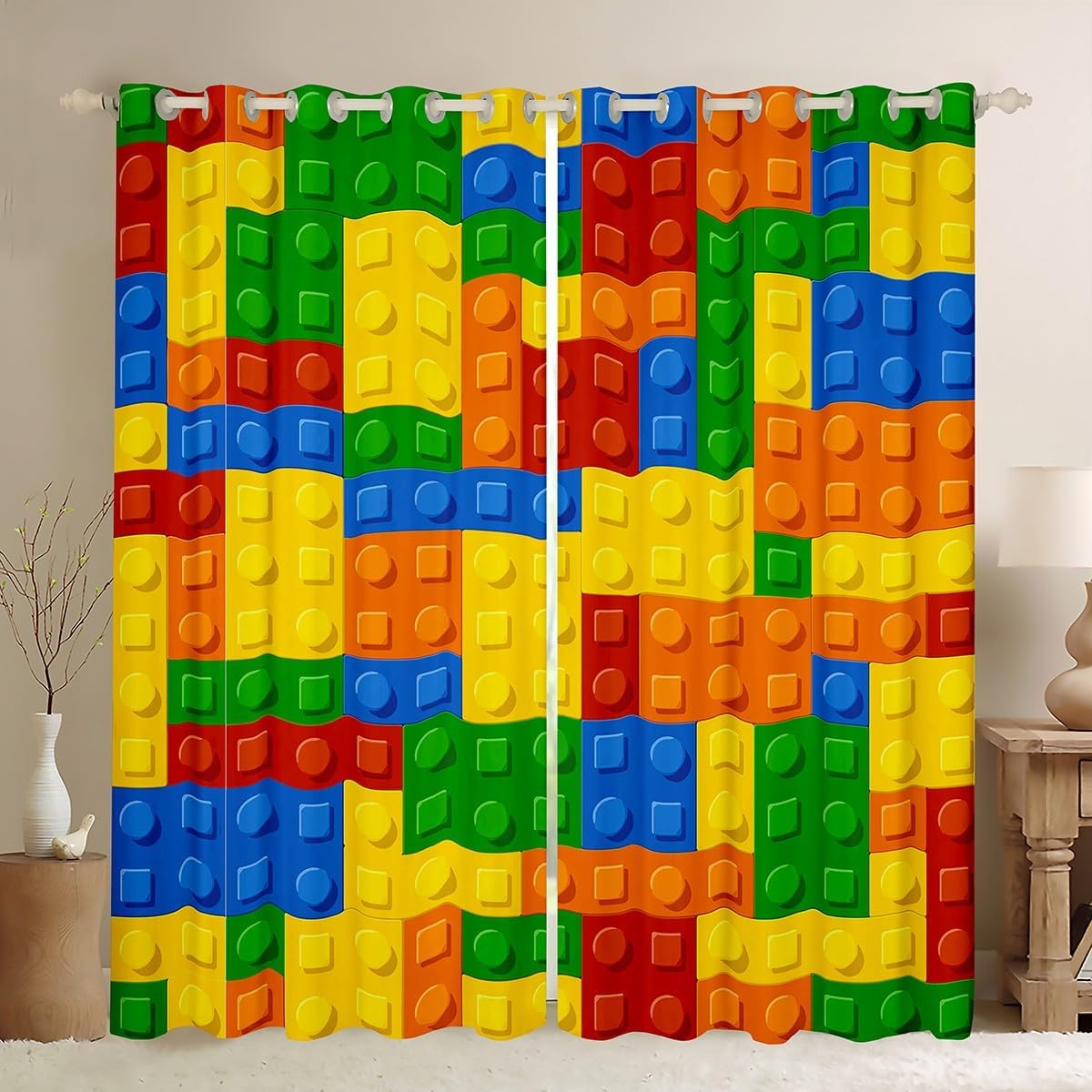 Feelyou Colorful Toy Printed Curtains for Bedroom Living Room Building Window Drapes Fun Brick 3D Design Window Curtains Kids Living Room Window Treatment Panels(2 Panels, 42 x 63 Inch)