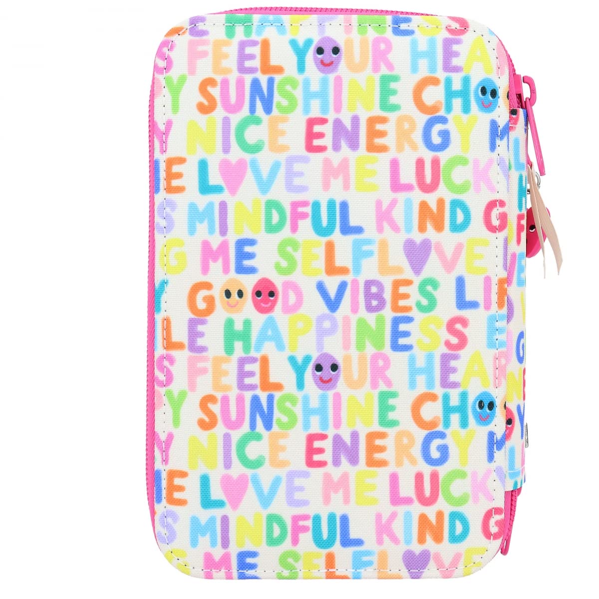 Depesche 11970 TOPModel SelfLove - Gefüllte 3-Fach Federtasche mit Model-Motiv, buntem Schrift-Design und Anhänger, Federmäppchen in Pink mit Buntstiften, Lineal, Schere uvm.