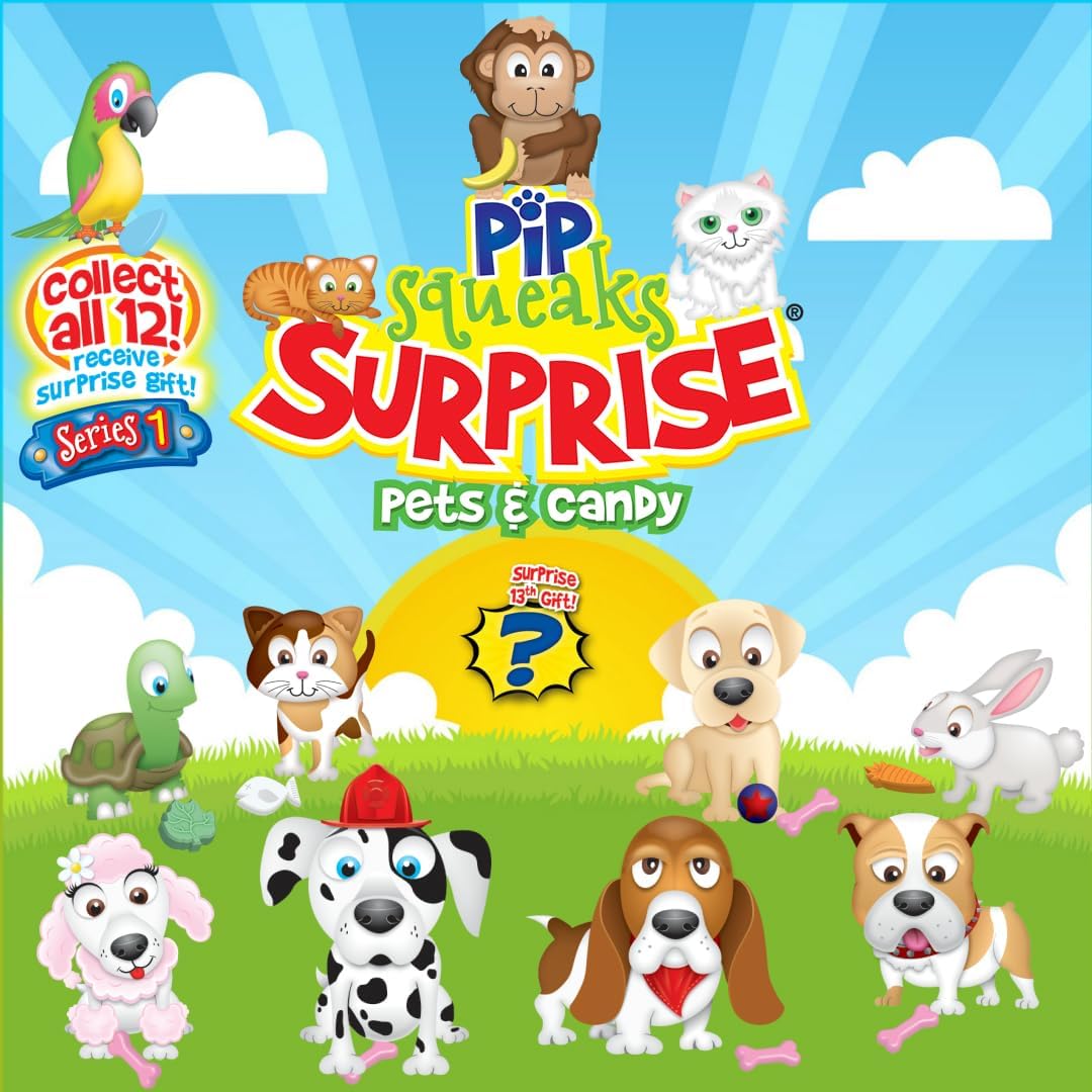 SURPRISE PIP Squeaks Pets & Candy, Series 1, Collectible Pet Figures with Backpack Clip, Stickers & Collector's Guide, Pack of 12