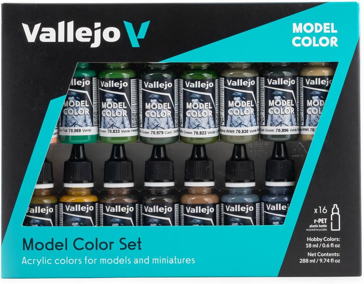 Vallejo Model Color Acrylic Paint Set, WWII German Camouflage, 16 Matte Finish Colors in 18 ml Bottles with Dropper and Color Chart for Modeling and Miniatures