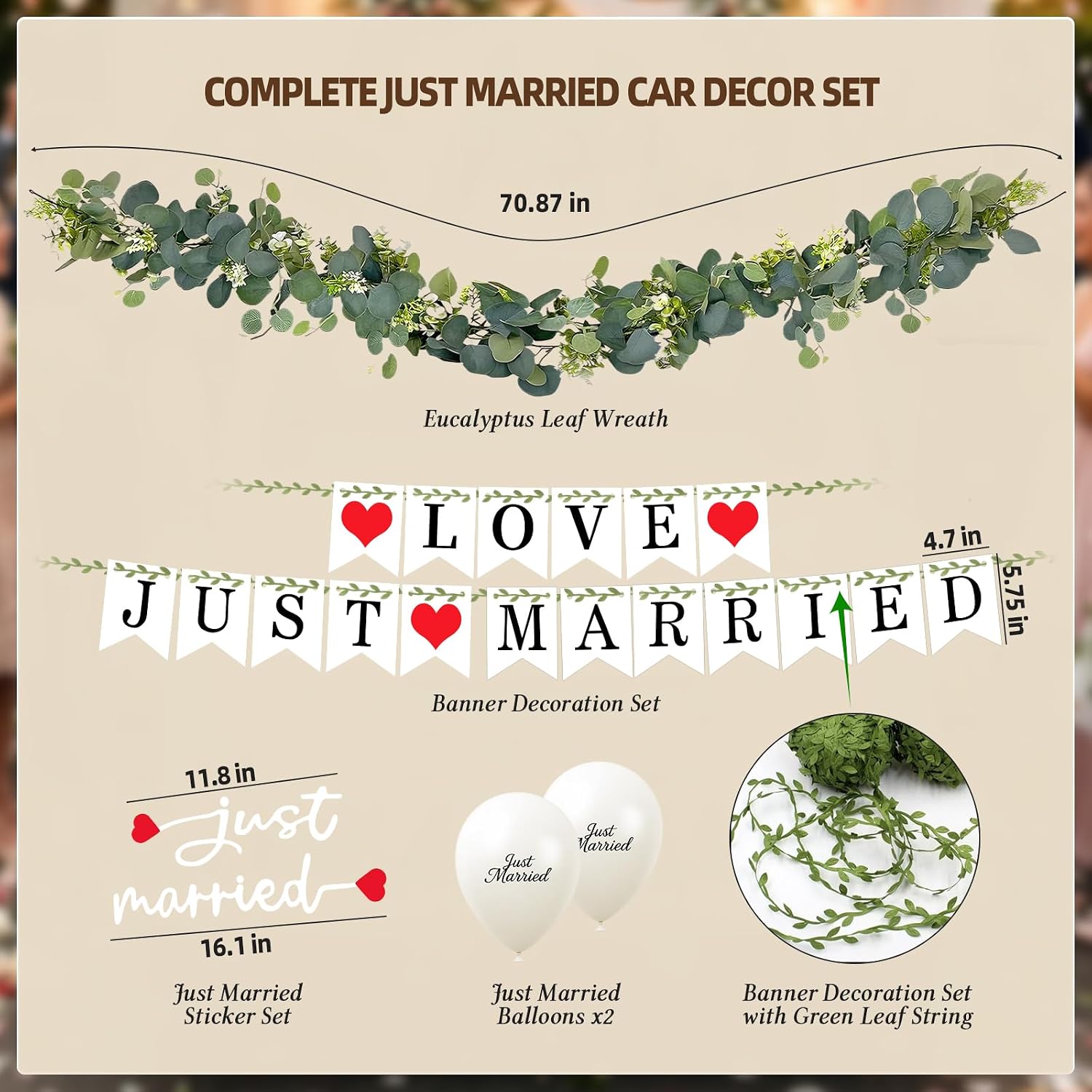 Just Married Wedding Car Decorations Kit – Eucalyptus Vine , JUST MARRIED & LOVE Banner Sign & Green Leaf Rope, Sticker, Balloons, Elegant Wedding Decor for Send-Off, Bridal Shower & Greenery Weddings