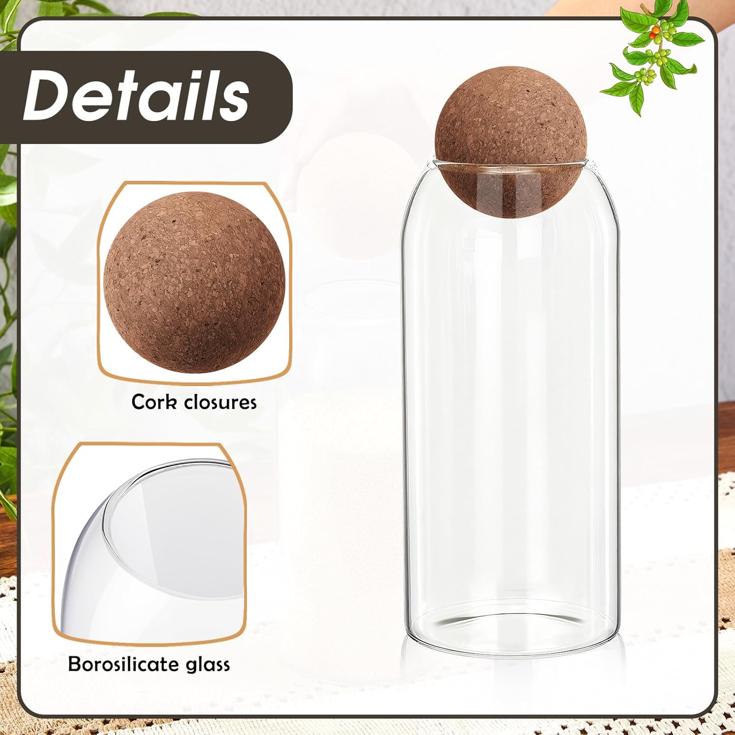 Suclain 6 Pcs Glass Jars with Cork Ball Lid Farmhouse Kitchen Canisters Coffee Bar Countertop Container Rustic Storage Jars for Bean Nut Sugar Coffee Tea Organizer Housewarming Gift (34 oz)