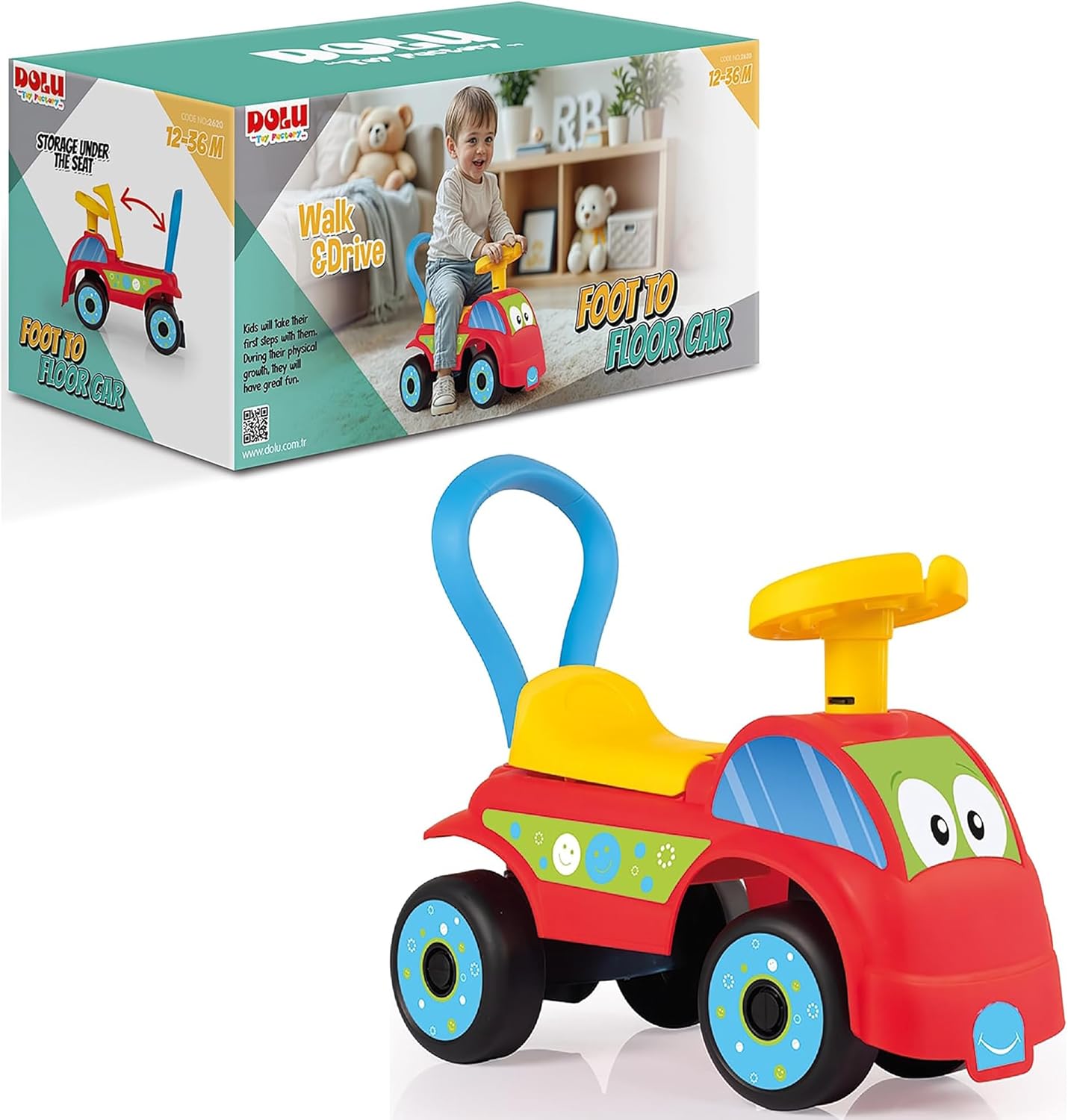 DOLU: Walk & Drive: Foot-to-Floor Car - Red & Blue - Ride-On Toy Vehicle, Horn, Storage Seat, Push-Pull Handle, Indoor-Outdoor Play, Toddlers 12mo+