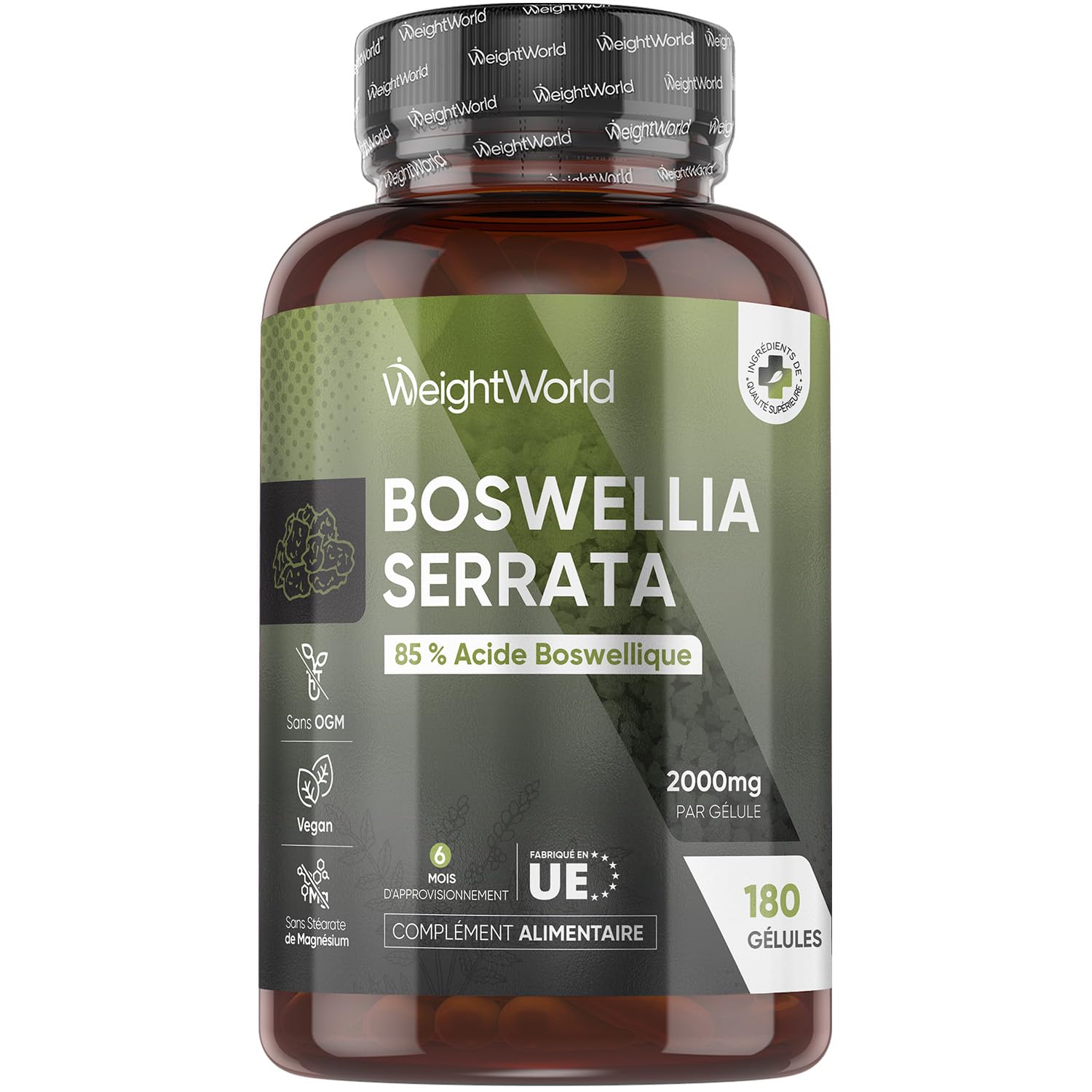 Boswellia Serrata Gélules 2000mg 180 Gélules Vegan avec 85% d’Acide Boswellique - Extrait de Poudre de Boswellia (5:1) Équivalent à 400mg - sans OGM ni Gluten, sans Lactose ni Additifs - pour 6 Mois