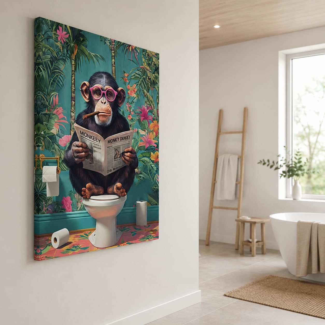Qiukoo Funny Monkey Bathroom Wall Art – Waterproof Framed Canvas with Hanging Hooks, Toilet Wall Picture of Monkey Reading Newspaper, Humorous Bathroom or Toilet Decoration, 12 x 16 Inches — view 6
