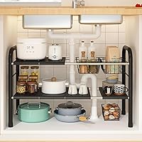 KOSIWU Expandable 2-Tier Under Sink Organizer with Removable Baskets & Panels - Adjustable 17.71”-32” Black Shelf for Kitchen Cabinets & Closets
