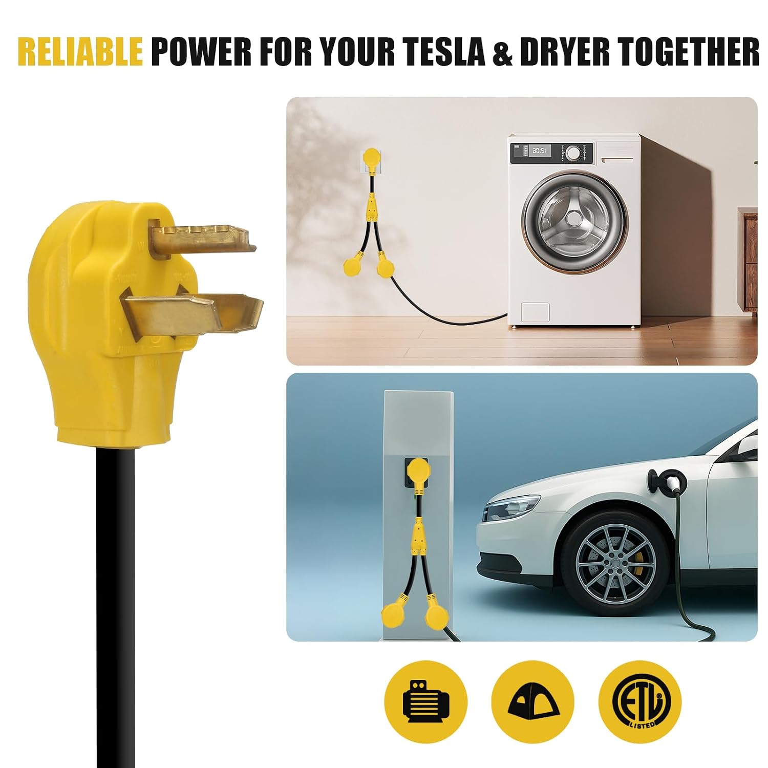 ZEMIRO CHARGE Dryer Y Splitter, ETL&UL Listed Nema 10-30 Splitter NEMA 10-30P to (2) NEMA 10-30R Receptacle for EV, and Level 2 EV Charging-Yellow