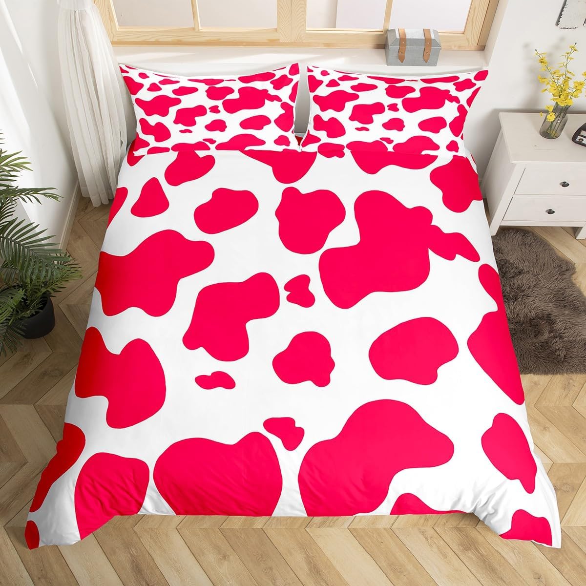Manfei 3D Cow Fur Print Decorations Beddding,Cowhide Red White Duvet Cover for All Season,Rustic Farmhouse Kids Bedroom Decor Comforter Cover(No Filler) Full Size,3PCS