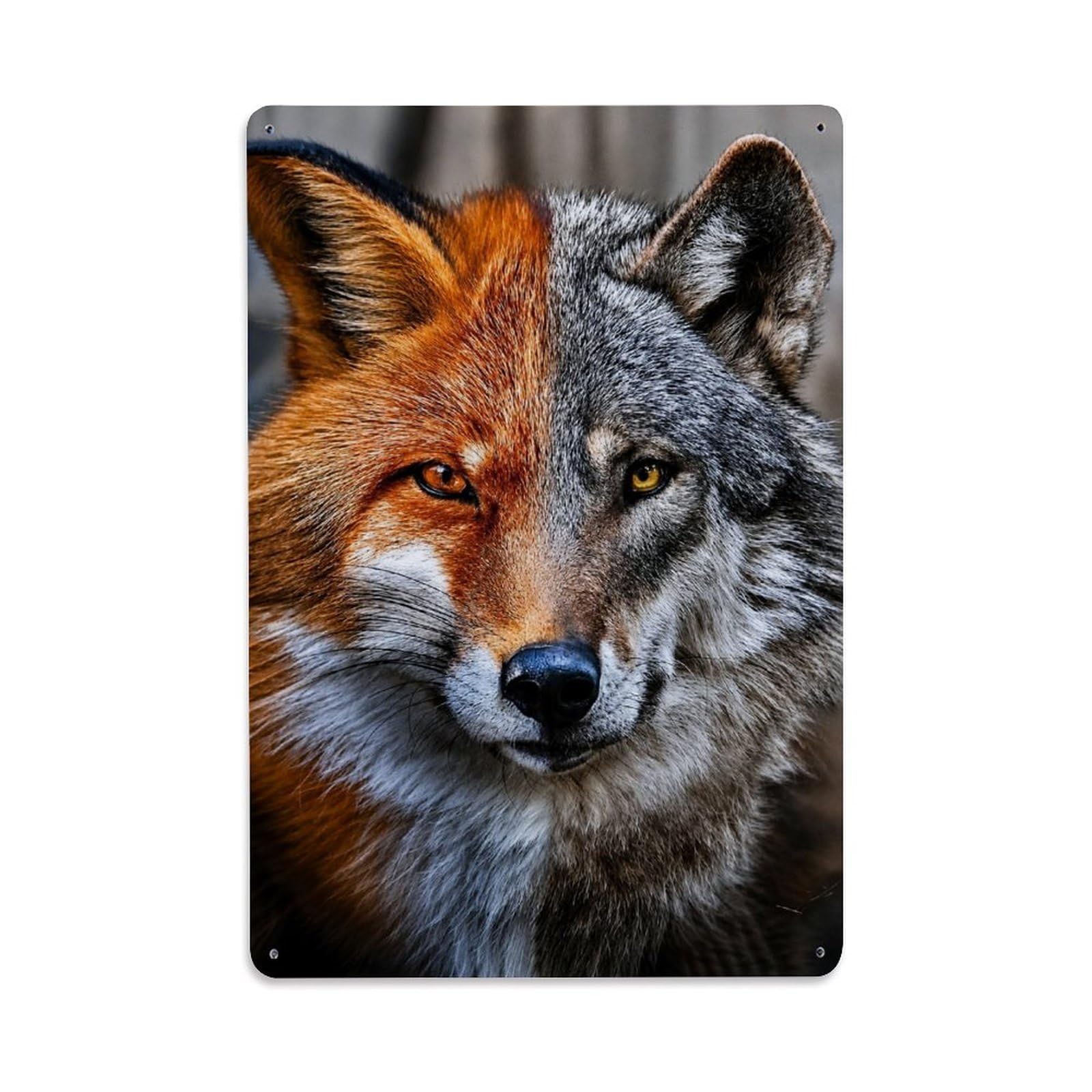 Dark Humor Animal Vintage Surreal Fox Wolf Hybrid Wildlife Metal Tin Sign Plaque Wall Decor for Cafe, Man Cave, Club Bar, Office, Home Garden Round Metal Poster 8x12Inch