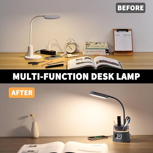 Miniatura 8 de Lámpara de escritorio LED para oficina en casa, lámpara de mesa táctil con puerto de carga USB, 3 modos de color luz de lectura regulable continua,