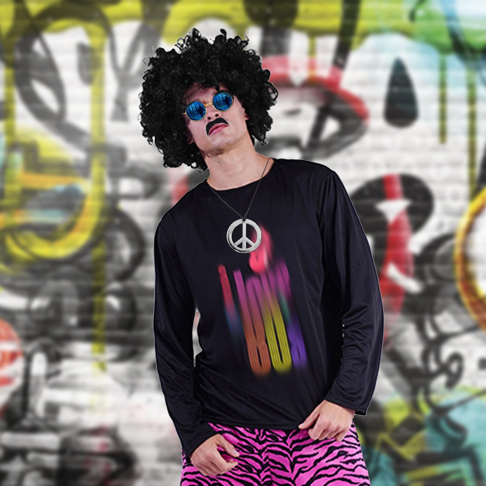 GWAWG 4Pcs Retro Hippie Costume Set, 60s 70s Disco Fever Accessories, Afro Wig, Sunglasses, Peace Sign Necklace & Moustache - Image 2