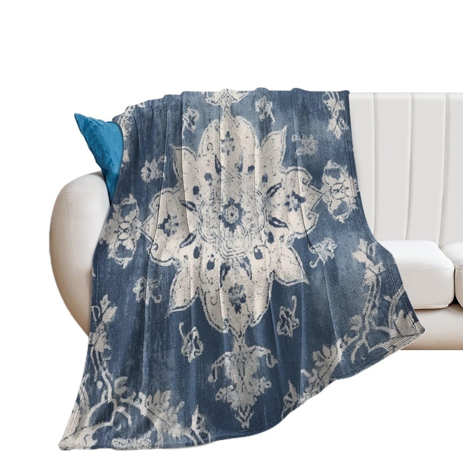 Couverture flanelle cadeau idéal plaid damassé bleu marine 153x203