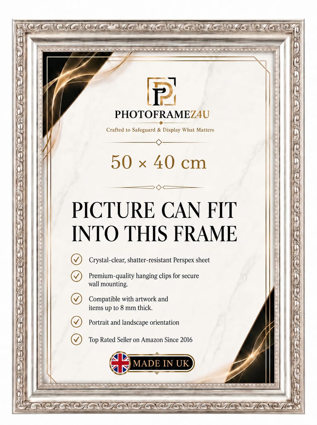 Ornate Silver picture frame for 50x40cm Picture | Photo frame for wall hanging | Perfect for Posters, Artwork and Jigsaw Puzzles. โ image 1