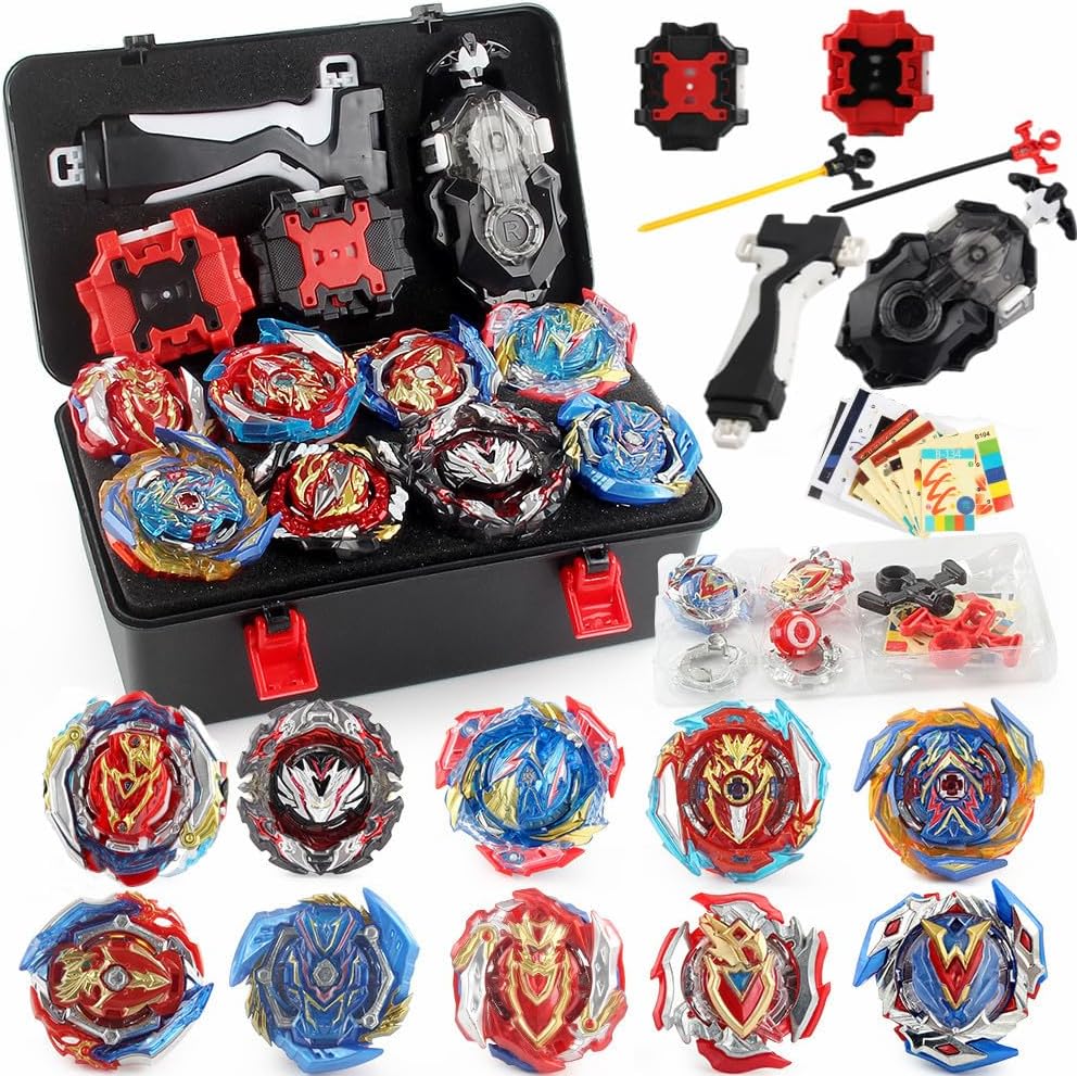 10 Piece Battling Gyros Tops, 3 Two-Way Launchers, Zest Achilles Valkyrie with Portable Box pro Series Set for Kids Boys Children Birthday Party Gift Idea.