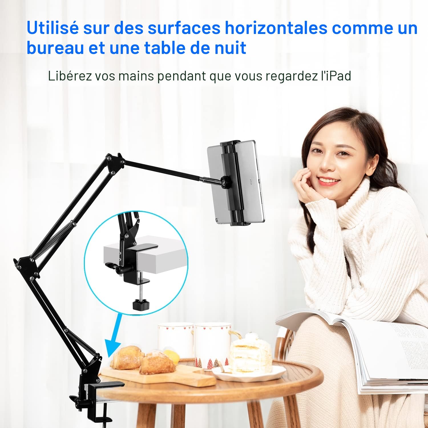 SAMHOUSING Support de tablette pour lit - Support rotatif à 360 degrés avec bras en aluminium stable pour iPad, tablettes, téléphones ou autres appareils avec écran de 4,5 à 12,9 pouces
