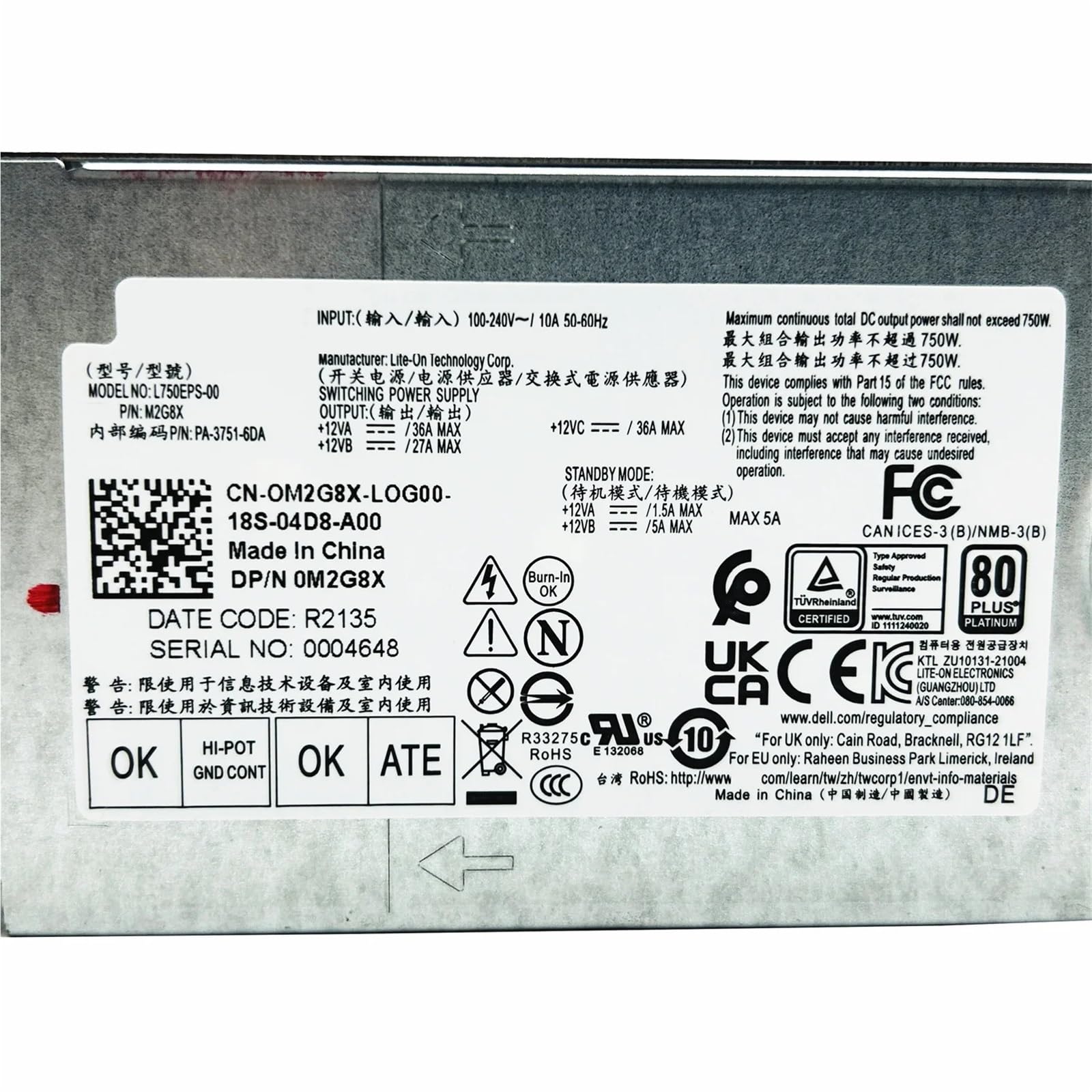 Zasilacz 750 W do R13 R14 T3660 XPS 8950 0M92DC M92DC 0M2G8X M2G8X NW4C3 L750EPS-00 H750EPS-00