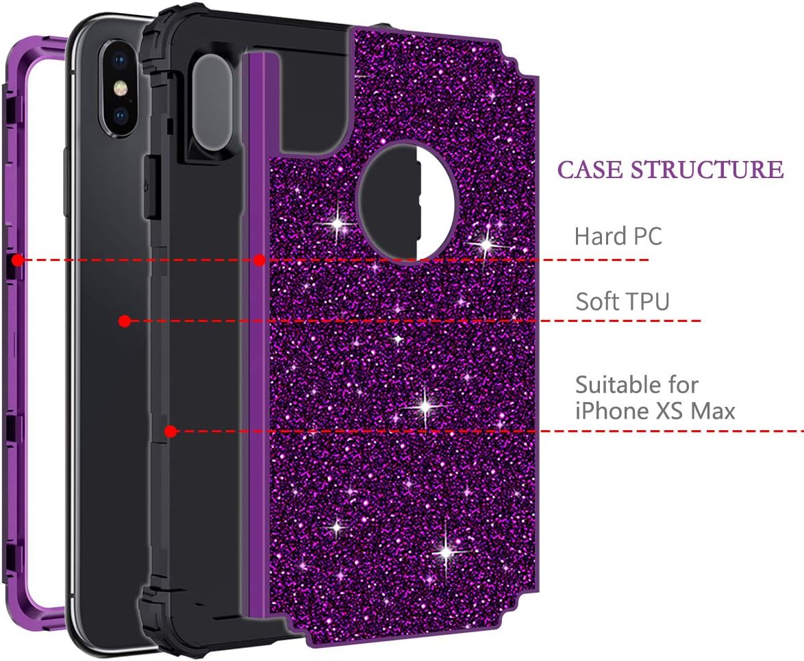 LONTECT Compatible iPhone Xs Max Case Glitter Sparkle Bling Heavy Duty Hybrid High Impact Shockproof Protective Cover Case for Apple iPhone Xs Max 2018 6.5 Display, Shiny Purple