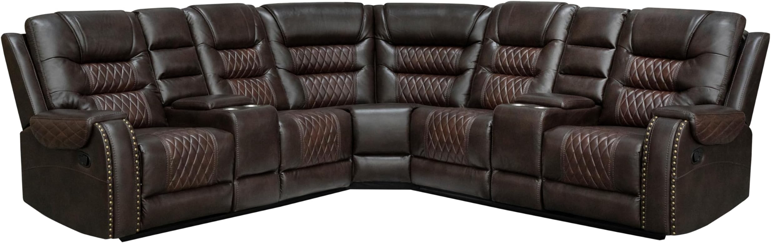 Manual Recliner Sectional Sofa Set with Cup Holders & Storage Box PU Leather L-Shaped Couch for Living Room Brown