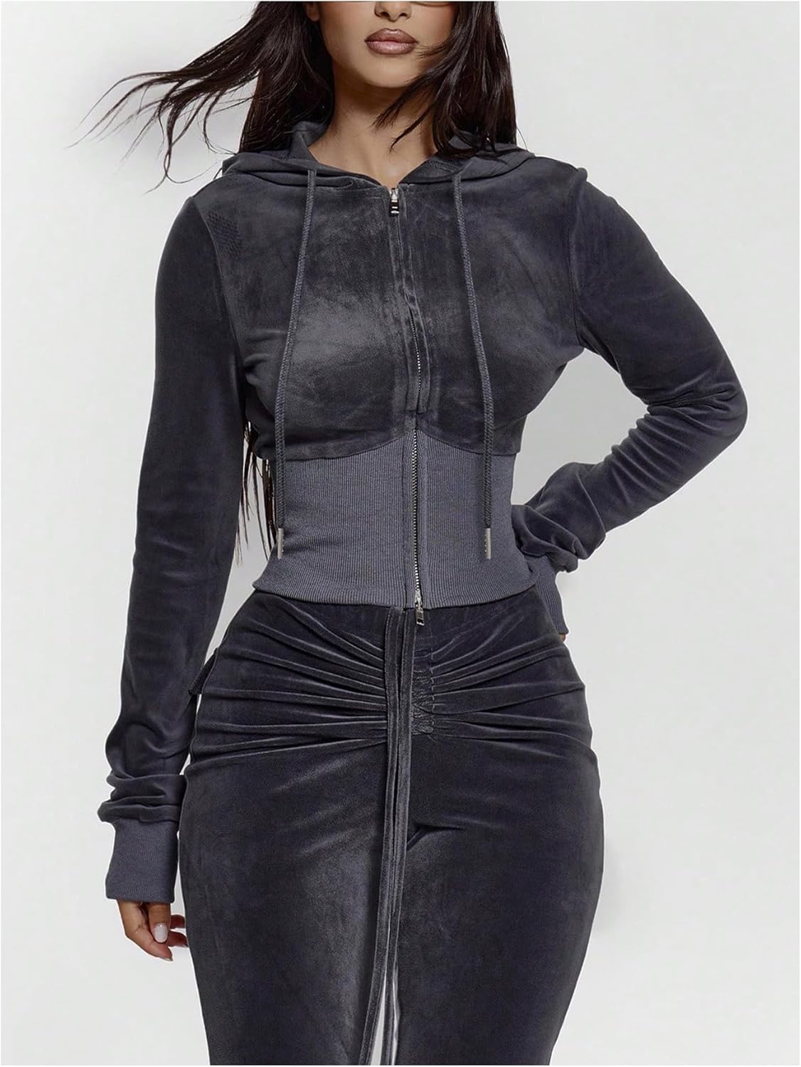 GORGLITTER Women's Zip Up Cropped Hoodie Trendy Fall Long Sleeve Velvet Cinched Waist Fashion Hooded Sweatshirt Jacket - Image 5