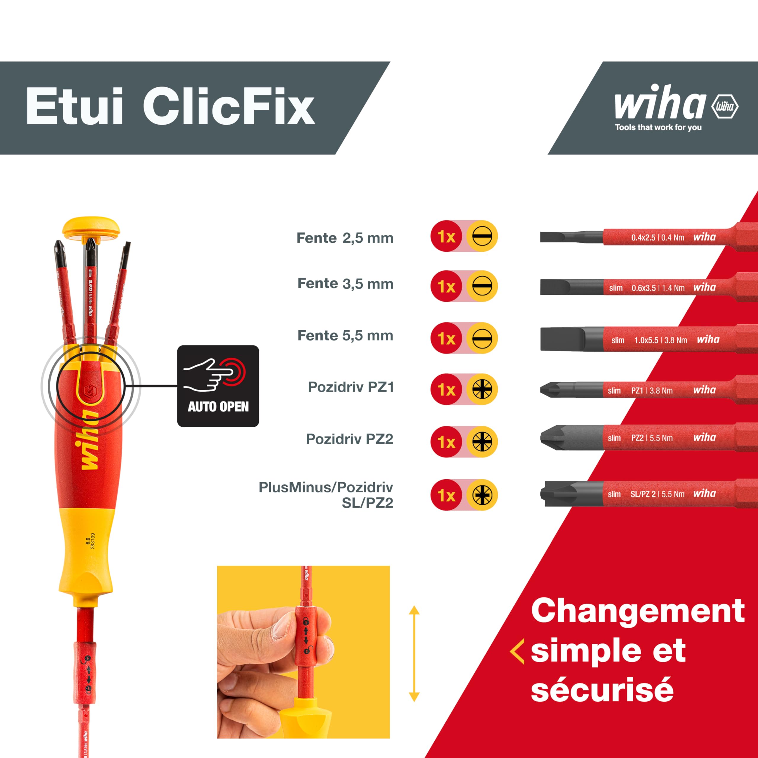 Wiha LiftUp electric Lot de 6 tournevis avec embouts escamotables (41234) I Jeu de tournevis avec chargeur d'embouts en embouts SlimBits pour électriciens, porte-embouts, fente/cruciforme/moins