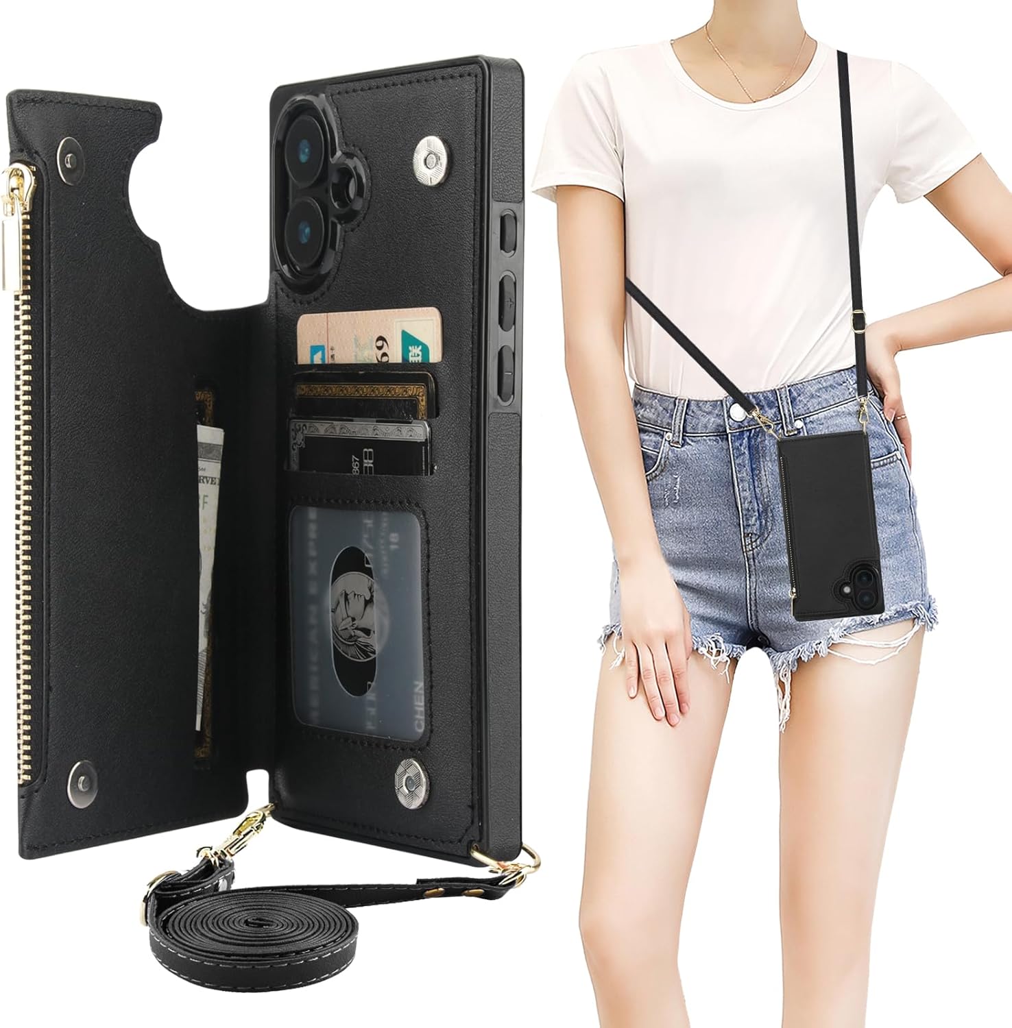 Bocasal Crossbody Wallet Case for iPhone 16 Plus with RFID Blocking Card Slot Holder, Magnetic Flip Folio Purse Case, PU Leather Zipper Handbag with Detachable Lanyard Strap 6.7 Inch 5G (Black)