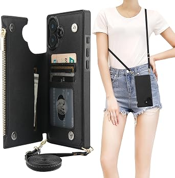 Bocasal Crossbody Wallet Case for iPhone 16 Plus with RFID Blocking Card Slot Holder, Magnetic Flip Folio Purse Case, PU Leather Zipper Handbag with Detachable Lanyard Strap 6.7 Inch 5G Black