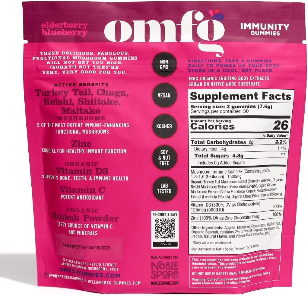 Mushroom Supplement Gummies for Immunity – Reishi, Turkey Tail, Chaga, Zinc, D3 – Vegan Gummy for Healthy Immune Support - Elderberry Blueberry Flavor (60 Count)