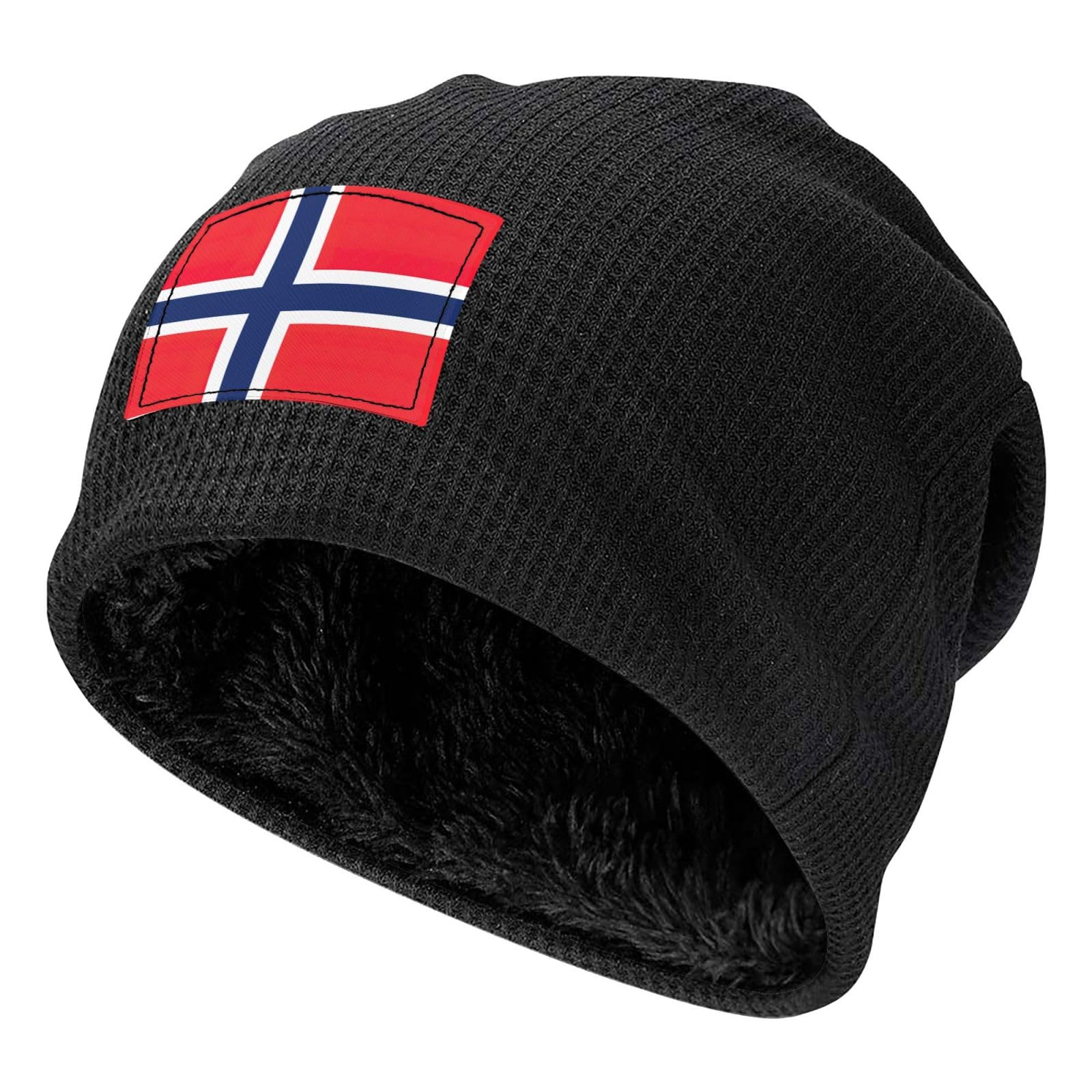 Yyoretp Winter Norwegian Flag Print Beanie Cap Waffle Knit Pullover hat Slouchy Lined Fleece Warm Unisex Knit hat Black