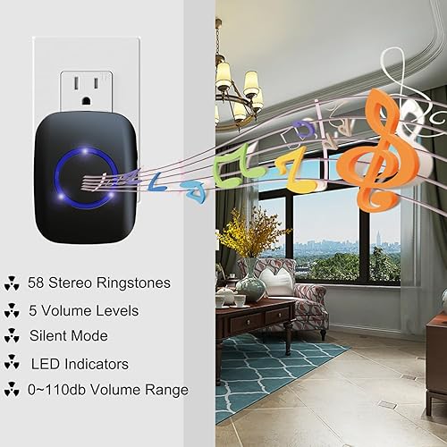 Miniatura 3 de Timbre inalámbrico, rango de 1,000 pies, timbre lo suficientemente fuerte, 5 niveles de volumen y 52 timbres de puerta con LED intermitente (negro