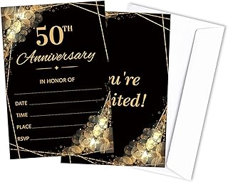 50th Anniversary Invitations Cards, Black Gold Theme Anniversary Invitations, 50th Anniversary Theme Decorations, Anniversary Party Supplies Decorations, 25 Cards With 25 Envelopes -A02