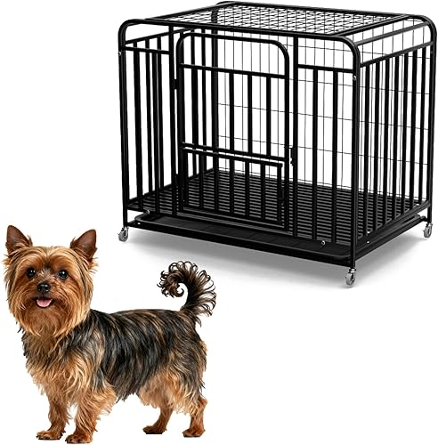 Jaula indestructible para perros de 48 pulgadas a prueba de escapes con ruedas, jaula de acero de alta ansiedad para interiores con bandeja