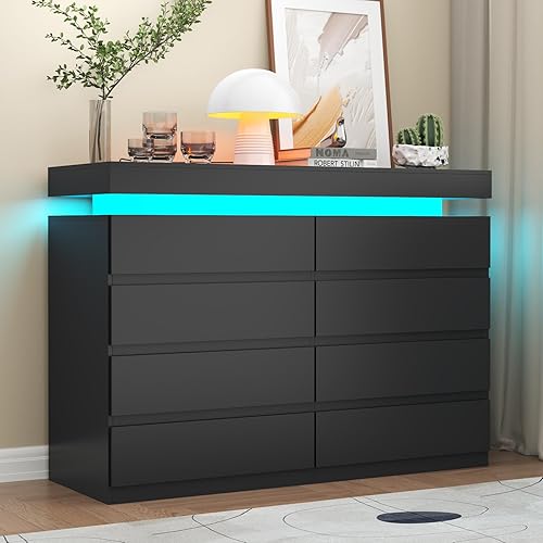 8 Drawer Dresser with Power Outlet, Dresser with LED Light, Modern Chest of Drawers for Closet, Double Wide Drawer Organizer Cabinet for Bedroom, Living Room (Black, 8 Drawers)