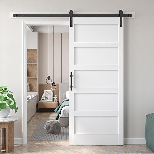 Miniatura 1 de Puerta de granero blanca de 36 x 84 pulgadas con kit de herrajes para puerta corredera de 6.6 pies incluido y asa, sólida, MDF, superficie de PVC,