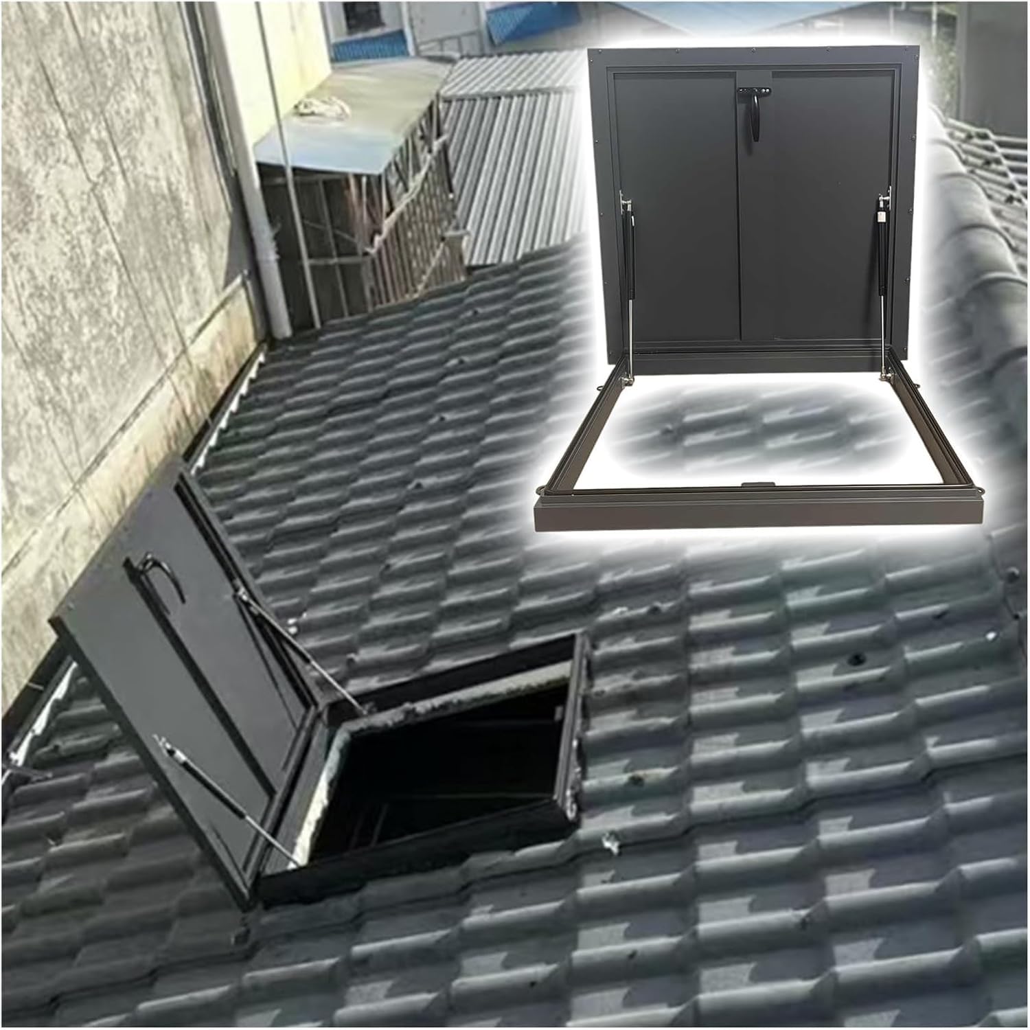 Juskaqzyi One Color Skylight Roof Hatch Commercial Roof Access Hatch Cover Plate Galvanized Sheet Hydraulic Support Rod For Home Industry Attic(70 * 70Cm)