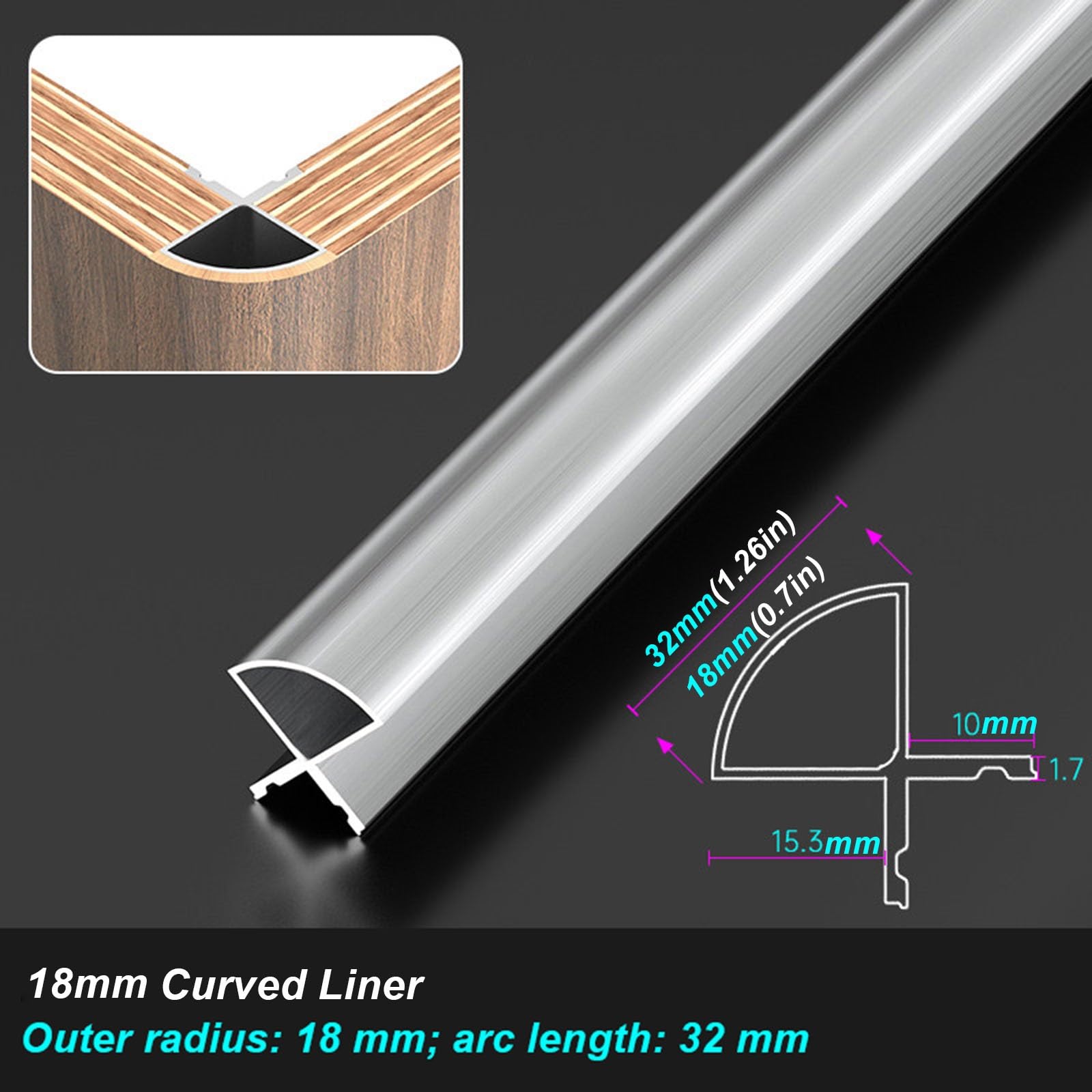 Profilo di riempimento in alluminio per angoli arrotondati, rivestimento di copertura arrotondato per pannelli in legno curvi per mobili, spessore 18 mm(Radius 18mm,2.62ft/80cm)