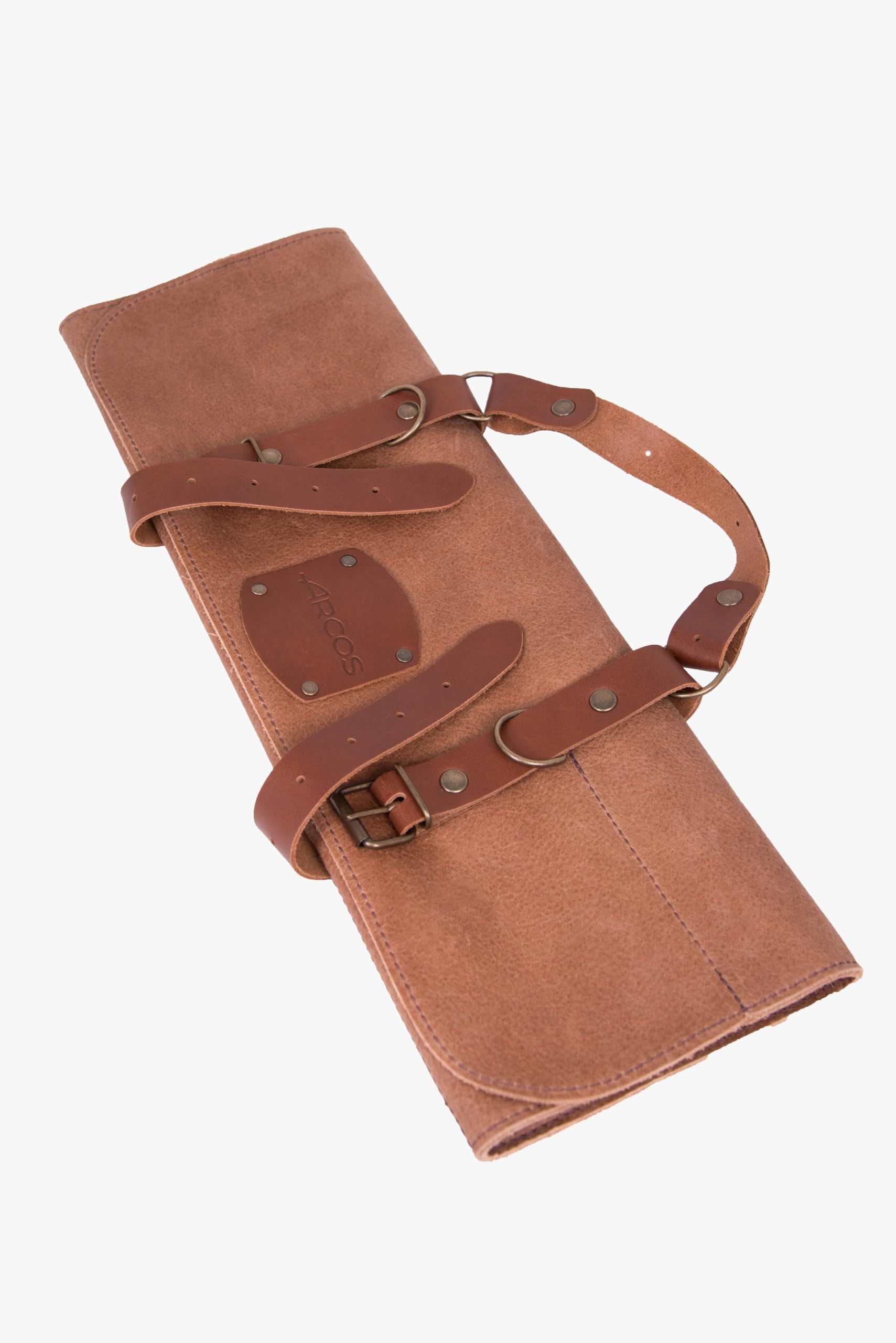 Arcos Bolsa Cuchillos Bolsa Cuchillos Cocina Profesional Estuche Profesional Porta Cuchillos 5 pzas | 42 cm Largo | Asa para Transportar| Cuero Color Miel| Hebilla Ajustable