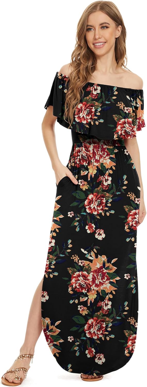 LILBETTER Womens Off The Shoulder Ruffle Party Dresses Side Split Beach Maxi Dress - Image 2