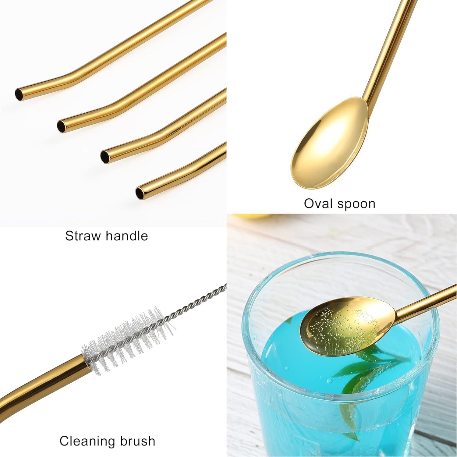 Homeish Reusable Stainless Steel 2-in-1 Straw Cum Spoons Set of 6 with Cleaning Brush | Long Metal Straw Spoons for Ice Tea, Milkshake, Drinks, Cocktails, Eco-Friendly, Food Grade (Golden) 3