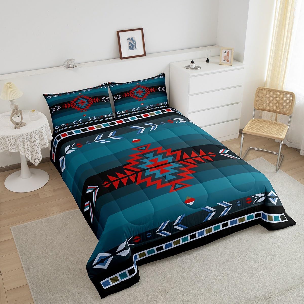 Feelyou Southwest Native Bedding Set for Kids Boys Girls Southwestern Geometric Comforter Set Full Size Tribal Duvet Quilt Bedroom Decor Breathable Soft Lightweight Microfiber Blue Red 3Pcs