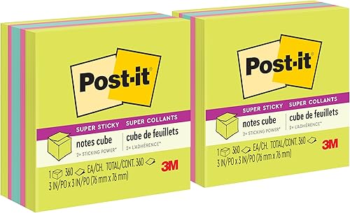 Post-it Notas súper adhesivas, 3 x 3 pulgadas, 1 cubo, 2 veces el poder de adherencia, colores brillantes, reciclables (2027-SSGFA) (paquete de 2)