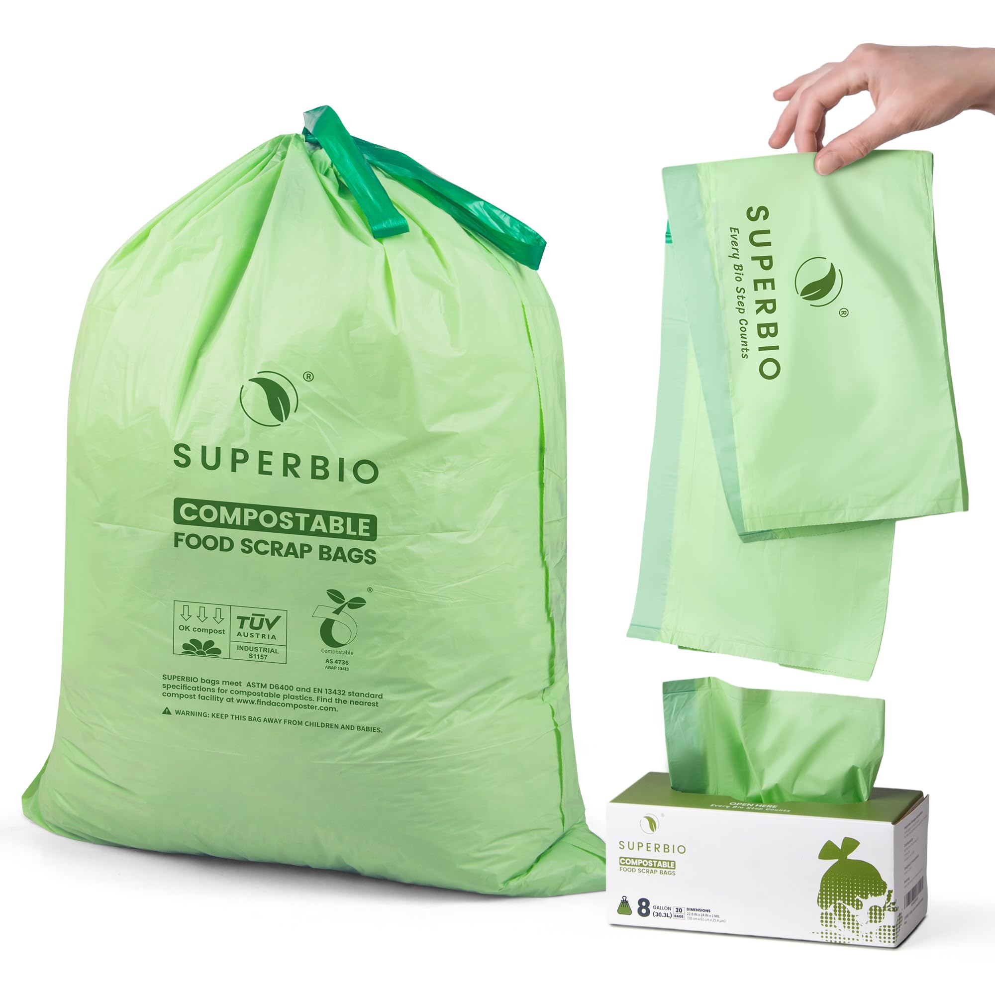 SUPERBIO 8 Gallon Compostable Drawstring Kitchen Waste Bags